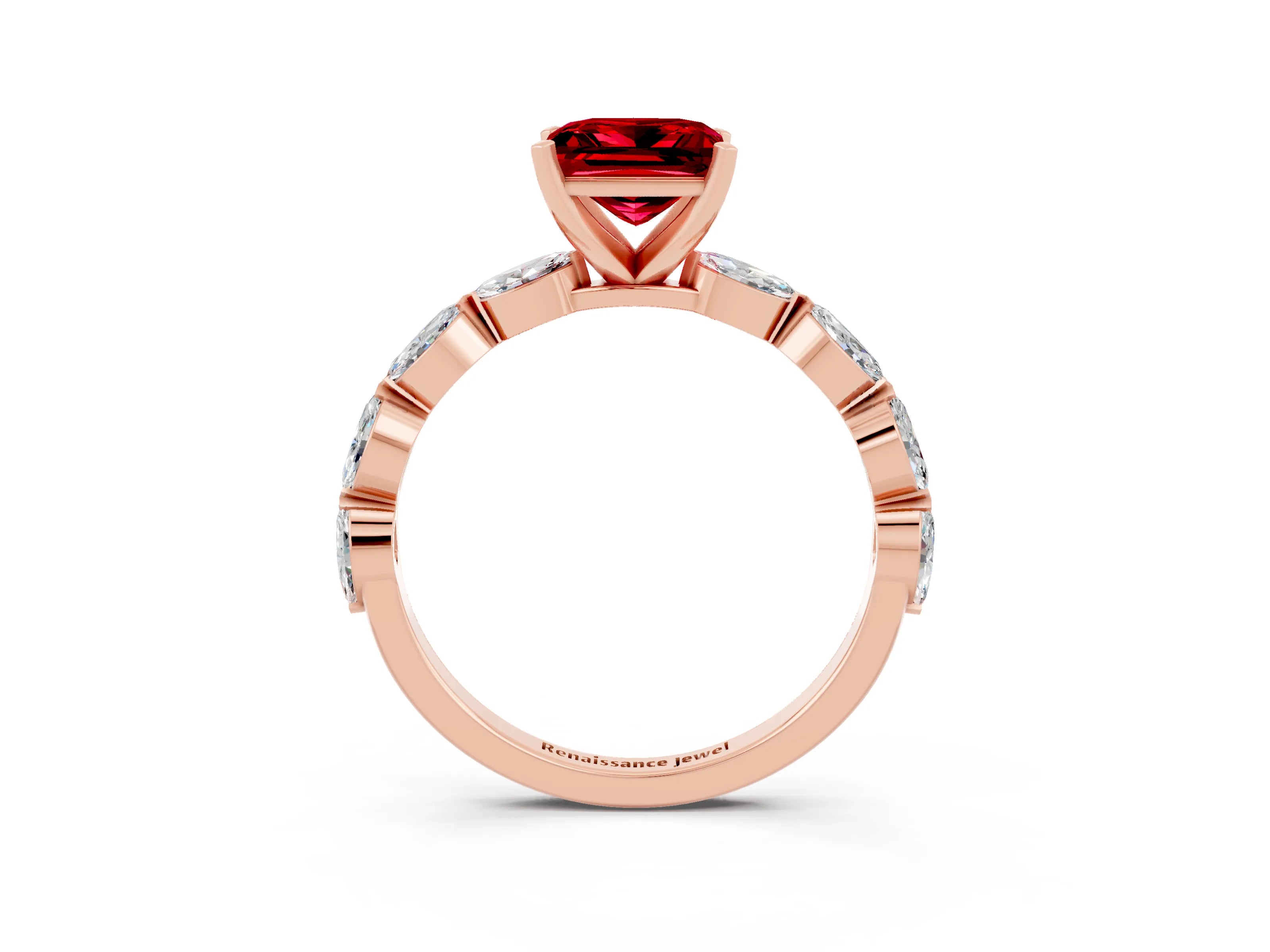 Rose gold Princess Cut Ruby Ring with Marquise Side Stones and Prong Setting_3