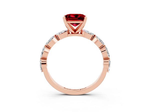 Rose gold Princess Cut Ruby Ring with Marquise Side Stones and Prong Setting