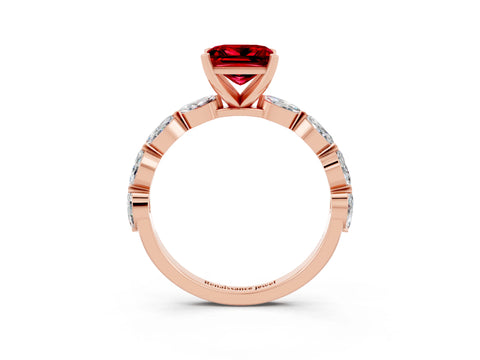 Rose gold Princess Cut Ruby Ring with Marquise Side Stones and Prong Setting_3