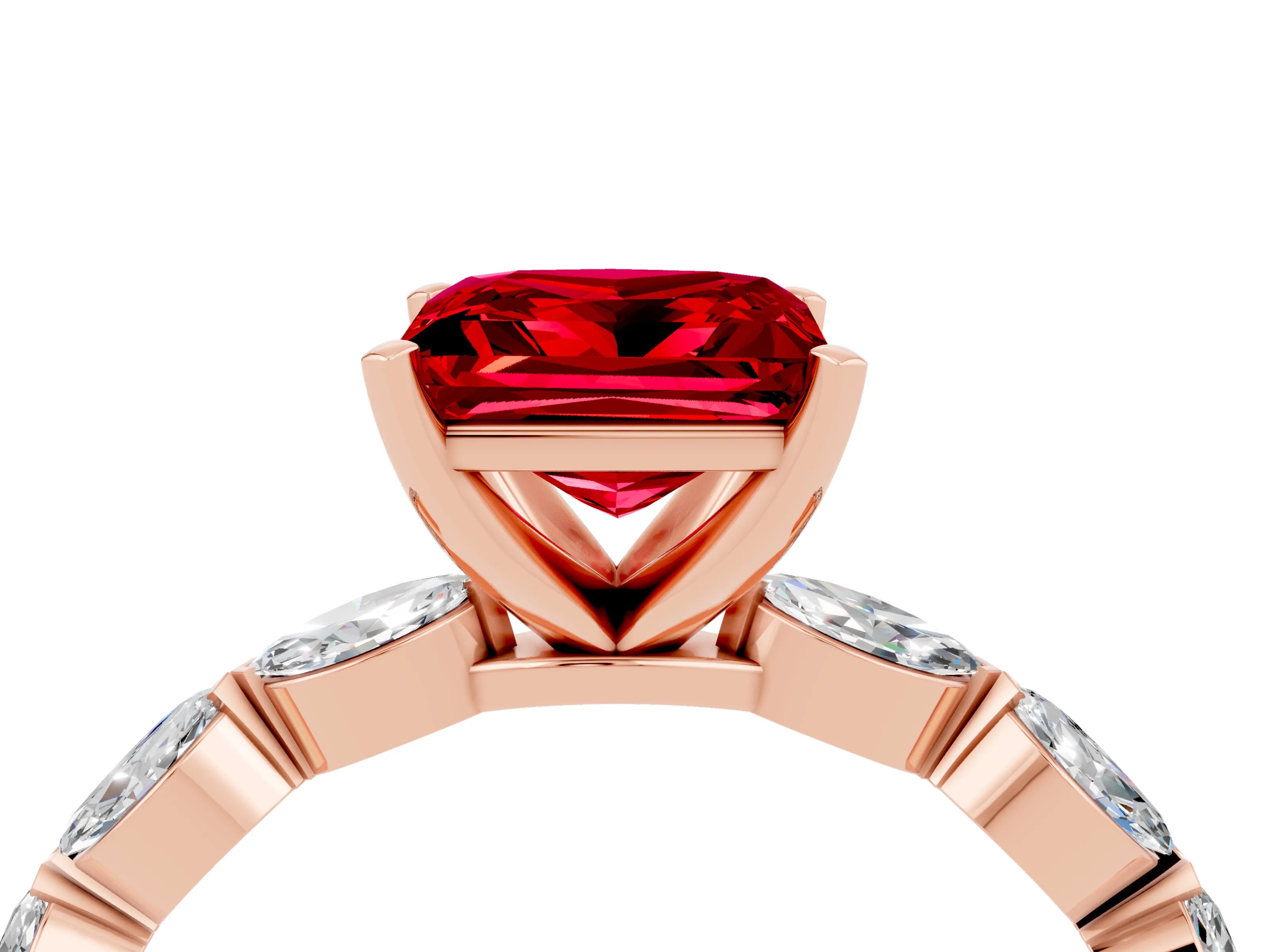 Rose gold Princess Cut Ruby Ring with Marquise Side Stones and Prong Setting_4