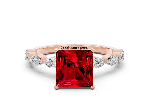 Rose gold Princess Cut Ruby Ring with Marquise Side Stones and Prong Setting