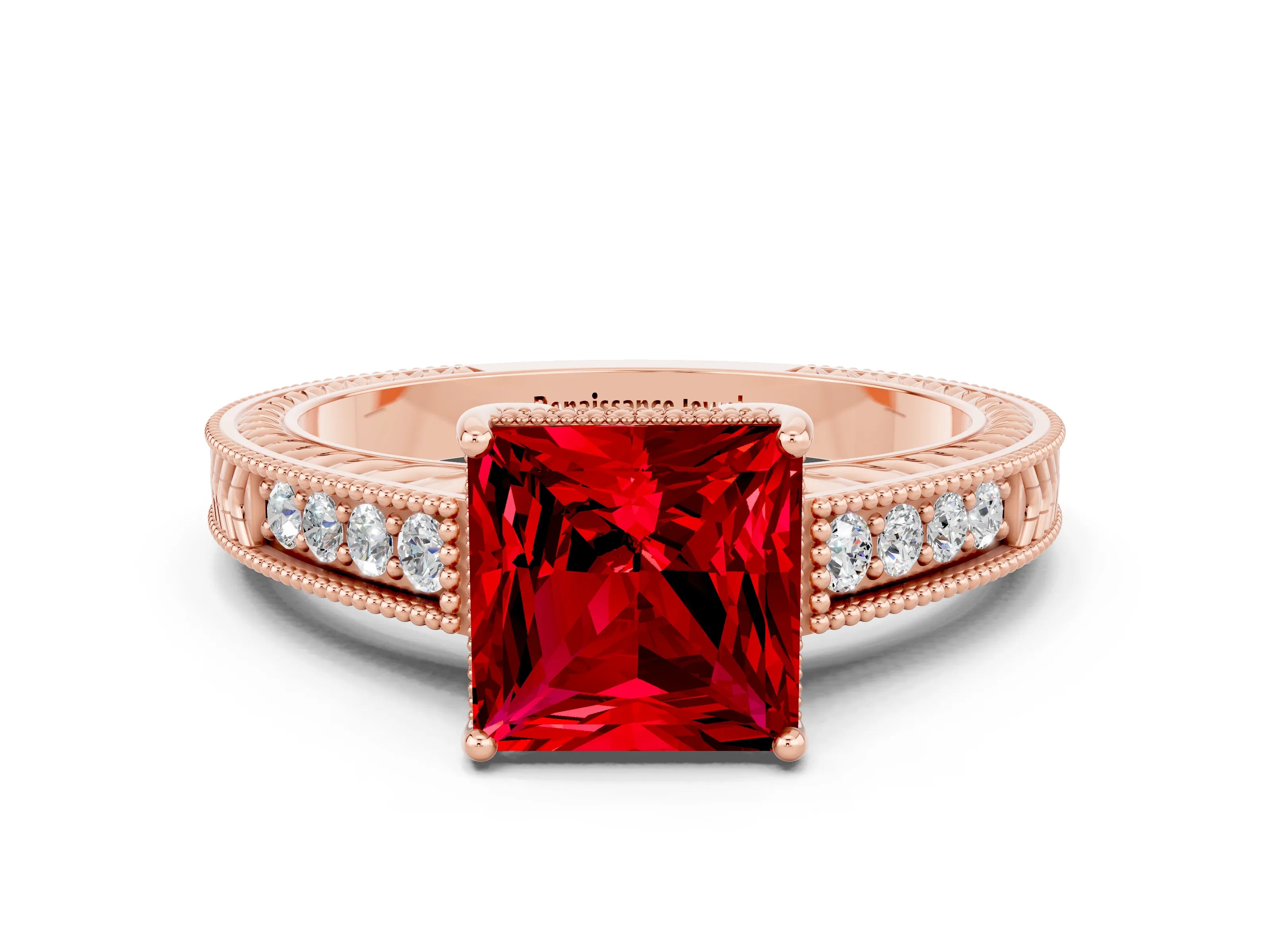 Rose gold Princess Cut Ruby Ring with Milgrain Pavé Band and Four-Prong Setting_12