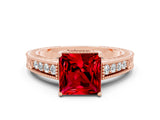 Rose gold Princess Cut Ruby Ring with Milgrain Pavé Band and Four-Prong Setting_12