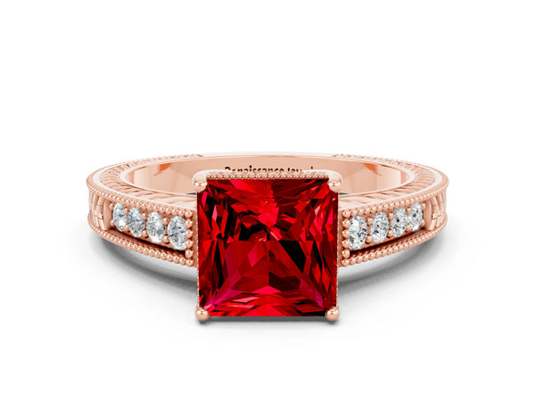 Rose gold Princess Cut Ruby Ring with Milgrain Pavé Band and Four-Prong Setting