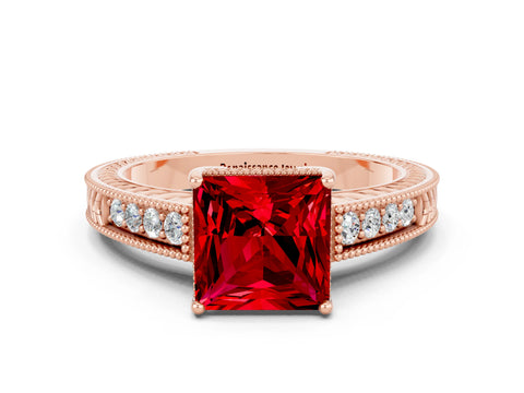 Rose gold Princess Cut Ruby Ring with Milgrain Pavé Band and Four-Prong Setting_12