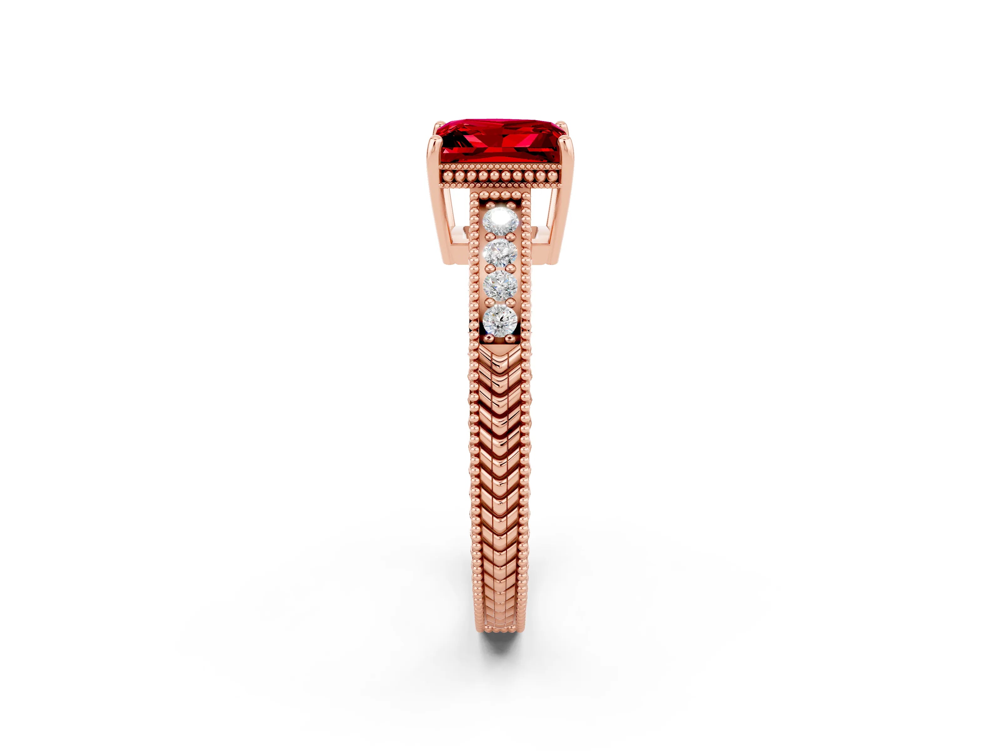 Rose gold Princess Cut Ruby Ring with Milgrain Pavé Band and Four-Prong Setting_14