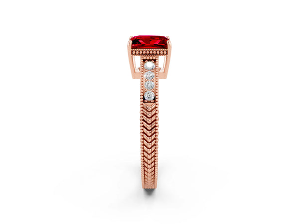 Rose gold Princess Cut Ruby Ring with Milgrain Pavé Band and Four-Prong Setting