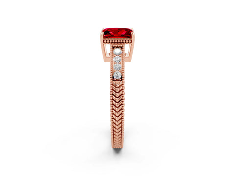 Rose gold Princess Cut Ruby Ring with Milgrain Pavé Band and Four-Prong Setting_14