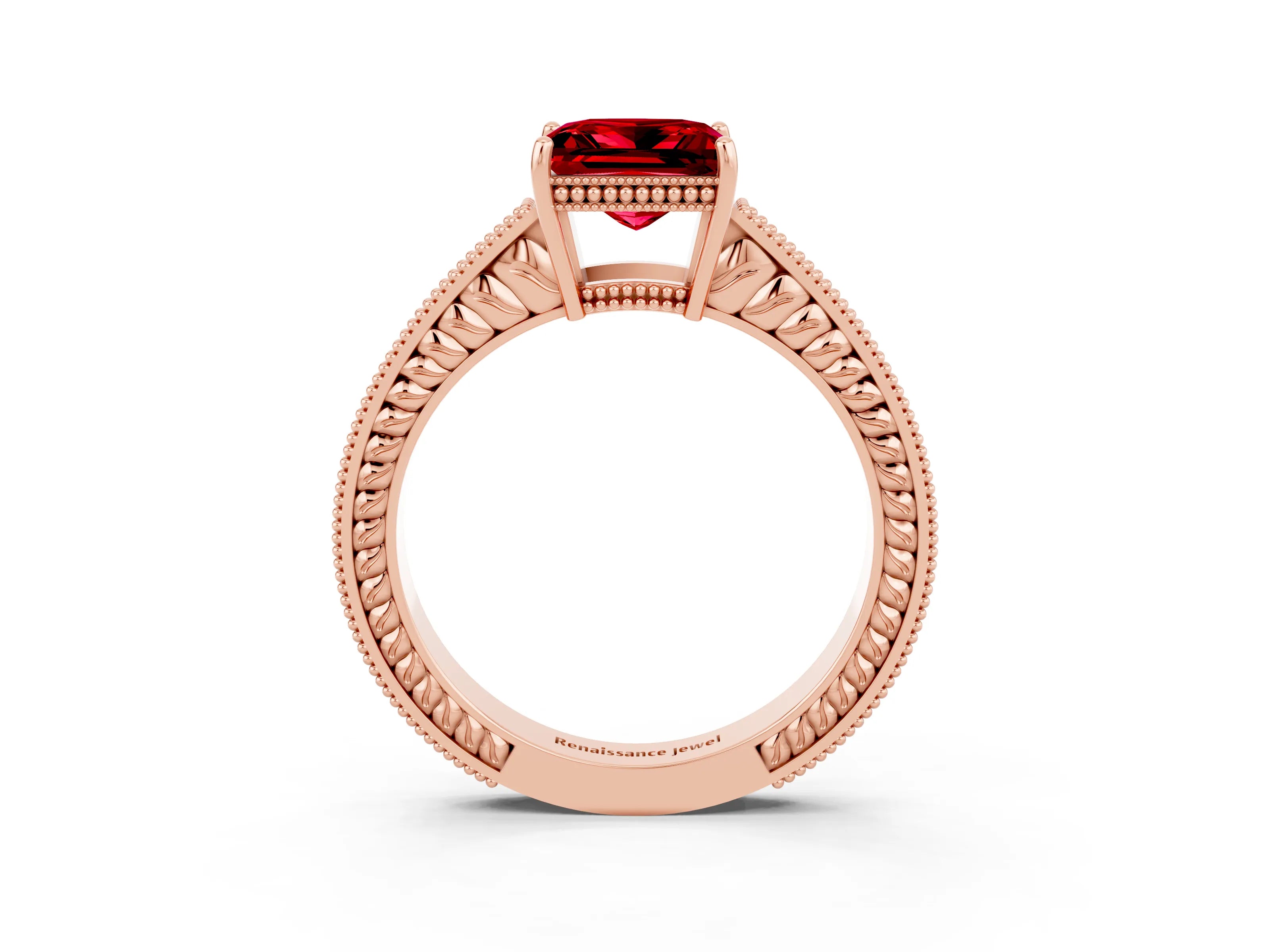 Rose gold Princess Cut Ruby Ring with Milgrain Pavé Band and Four-Prong Setting_15