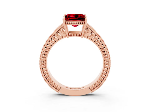 Rose gold Princess Cut Ruby Ring with Milgrain Pavé Band and Four-Prong Setting_15