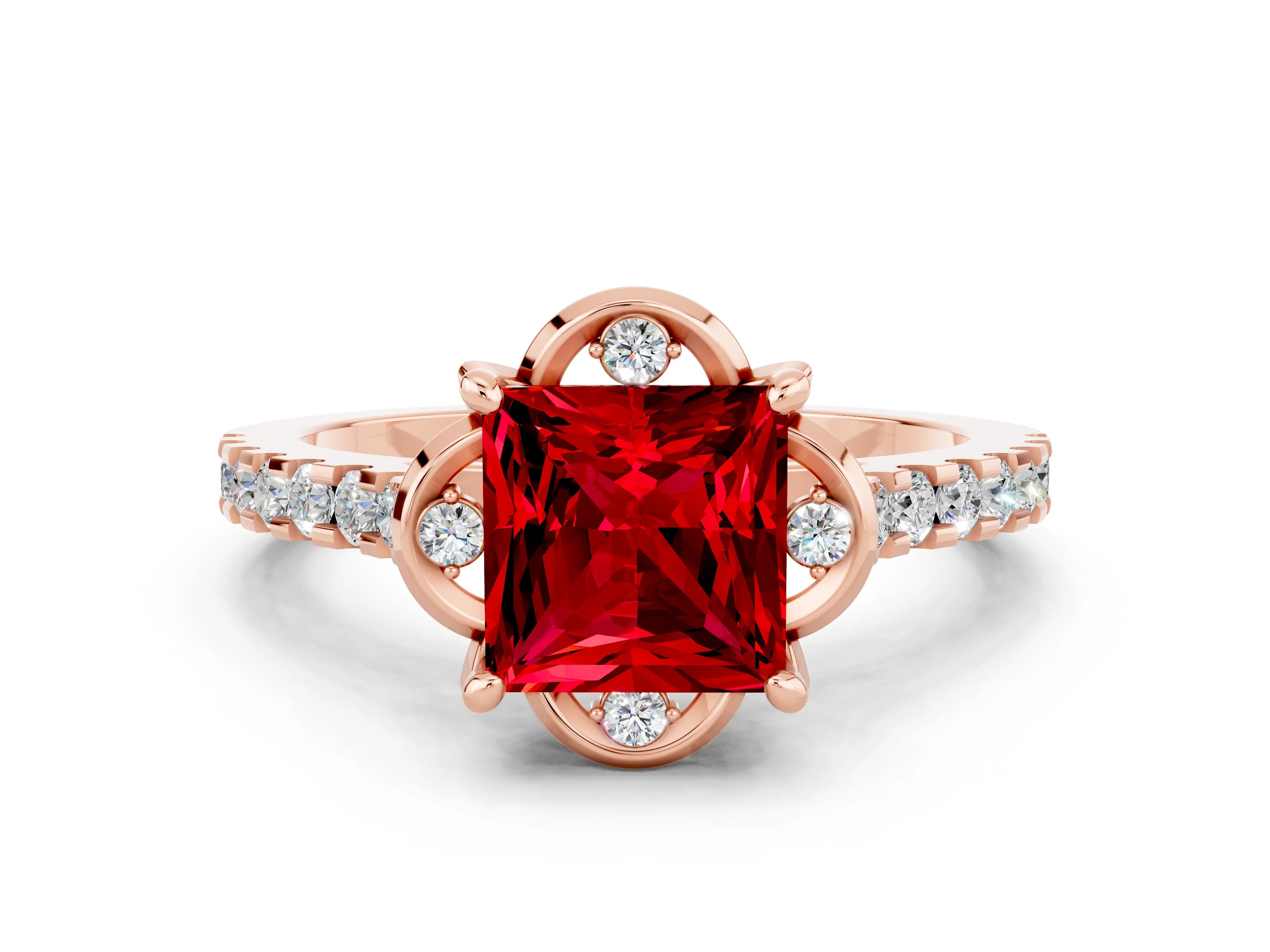 Rose gold Princess Cut Ruby Ring with Pavé Band and Floral Prong Setting