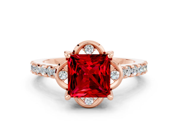 Rose gold Princess Cut Ruby Ring with Pavé Band and Floral Prong Setting
