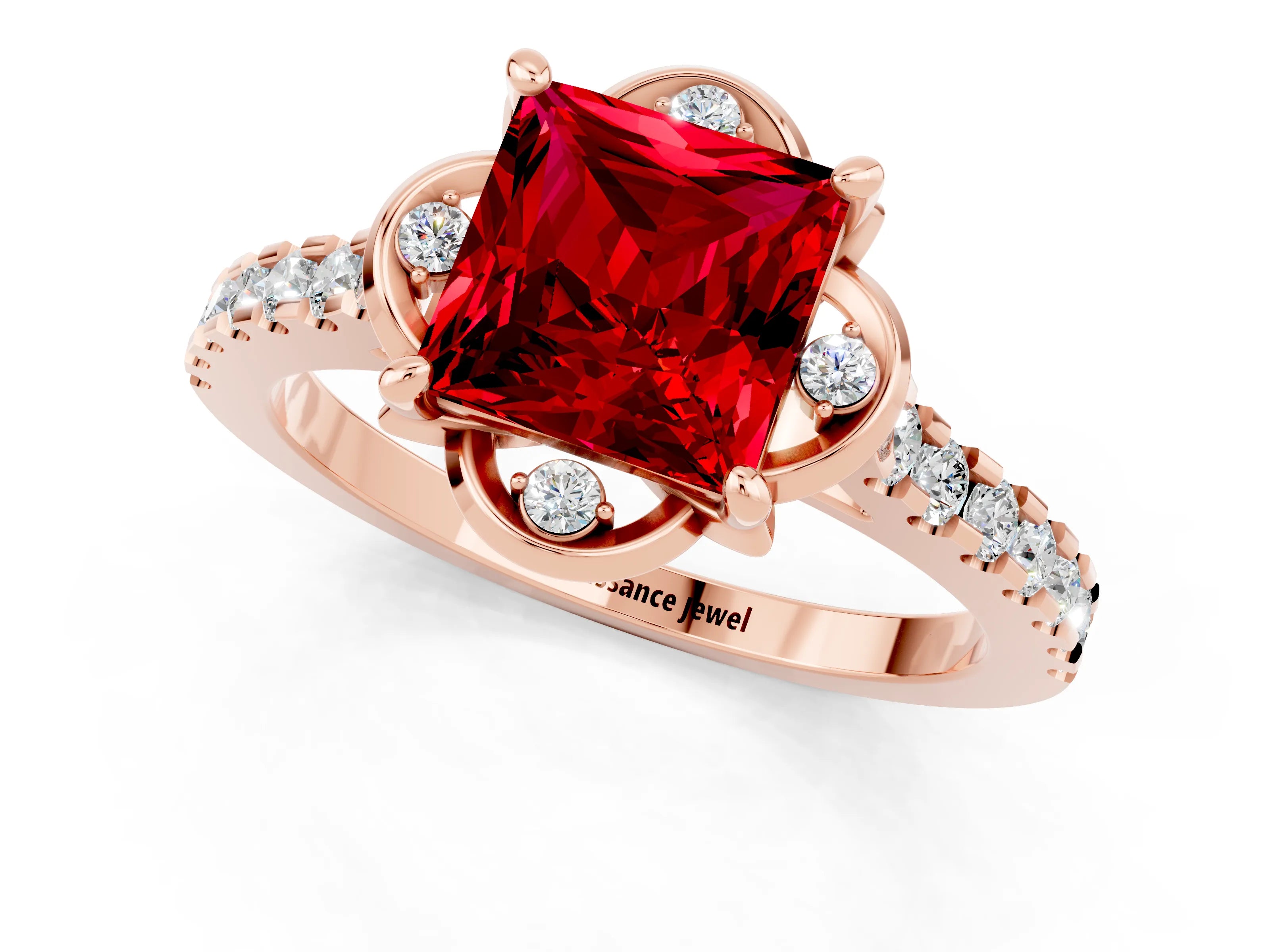 Rose gold Princess Cut Ruby Ring with Pavé Band and Floral Prong Setting_1