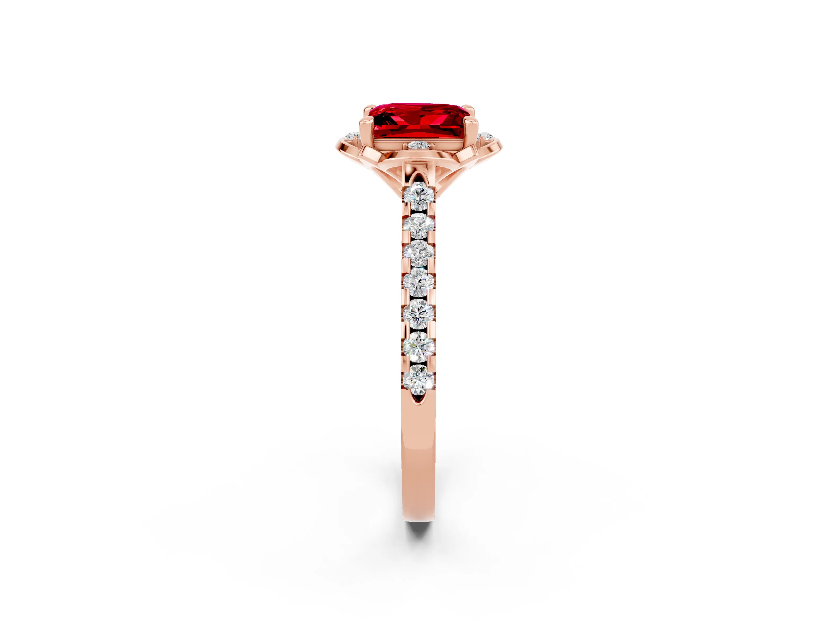 Rose gold Princess Cut Ruby Ring with Pavé Band and Floral Prong Setting_2