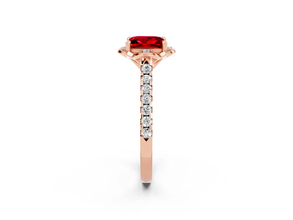 Rose gold Princess Cut Ruby Ring with Pavé Band and Floral Prong Setting
