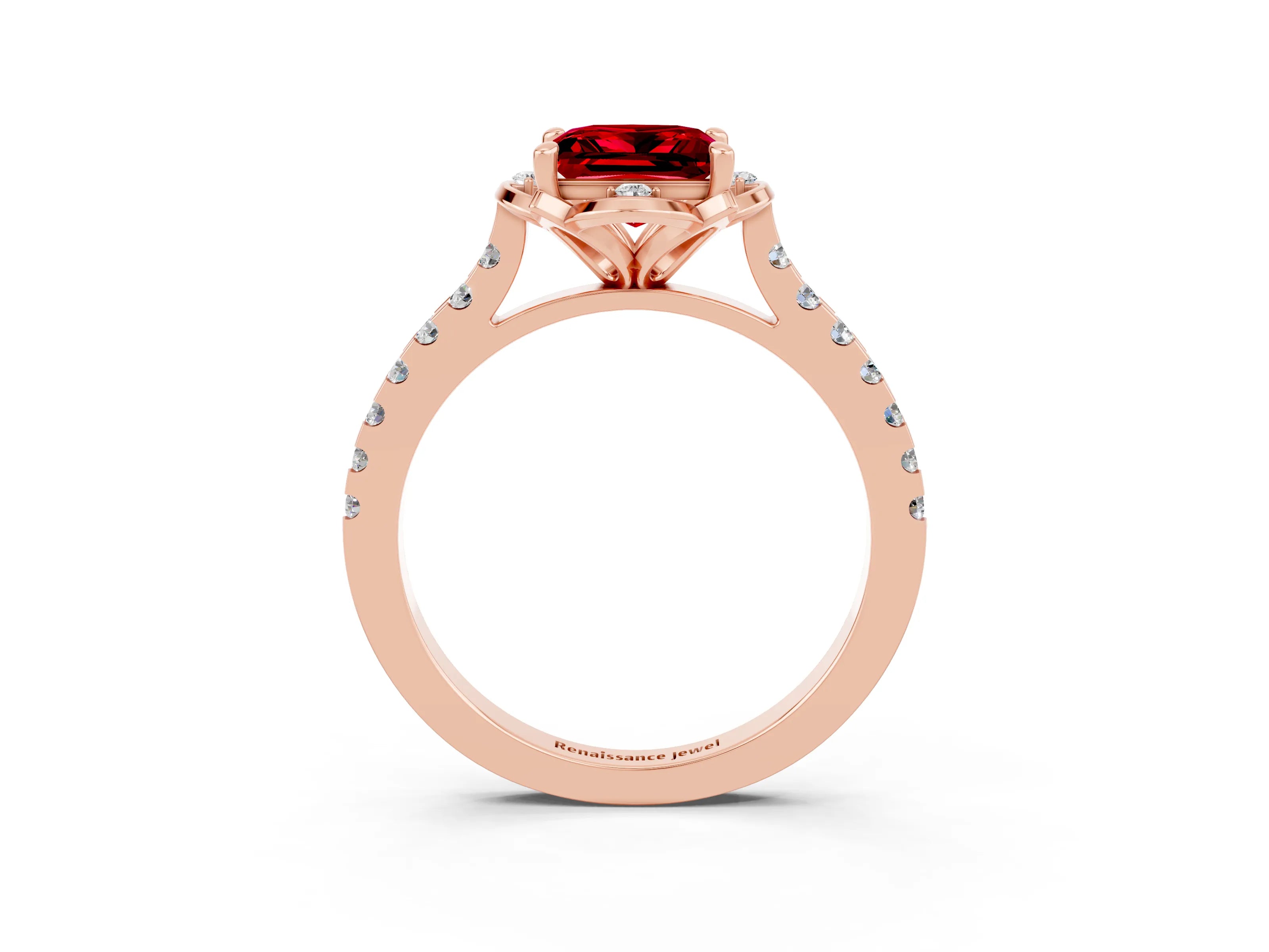 Rose gold Princess Cut Ruby Ring with Pavé Band and Floral Prong Setting_3