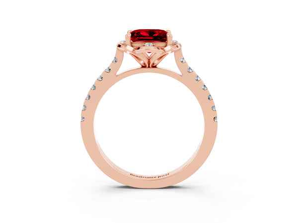 Rose gold Princess Cut Ruby Ring with Pavé Band and Floral Prong Setting
