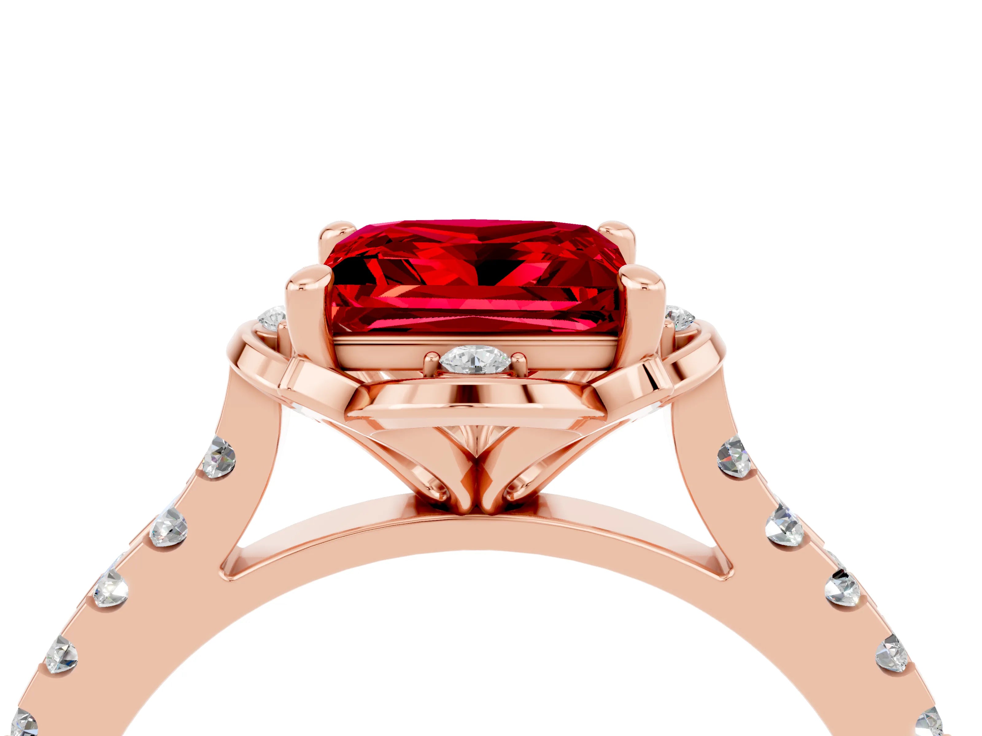 Rose gold Princess Cut Ruby Ring with Pavé Band and Floral Prong Setting_4