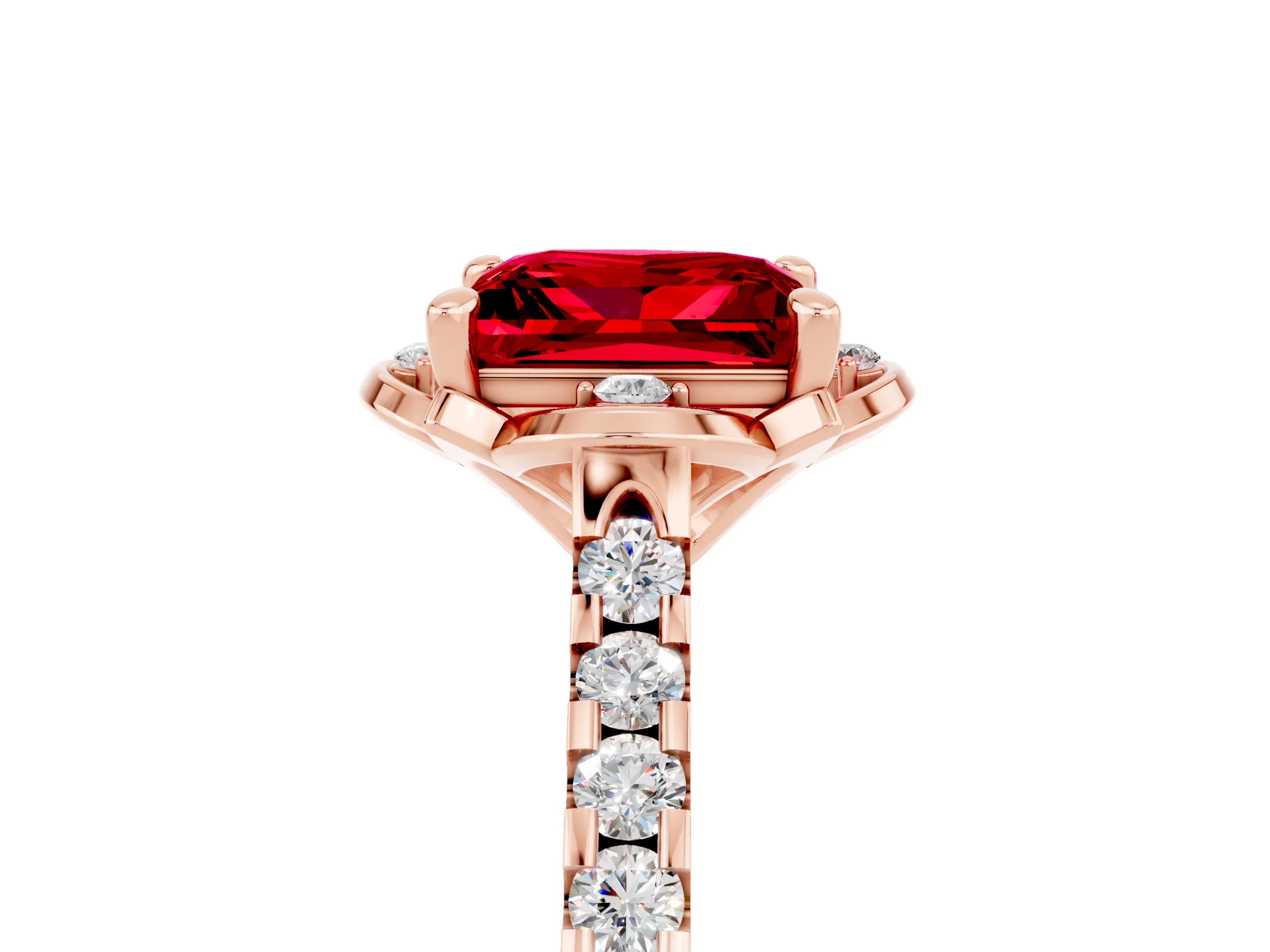 Rose gold Princess Cut Ruby Ring with Pavé Band and Floral Prong Setting_5