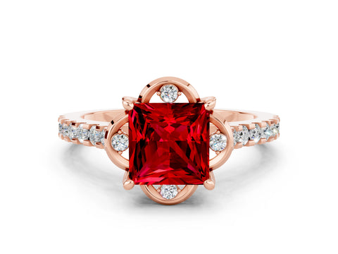 Rose gold Princess Cut Ruby Ring with Pavé Band and Floral Prong Setting