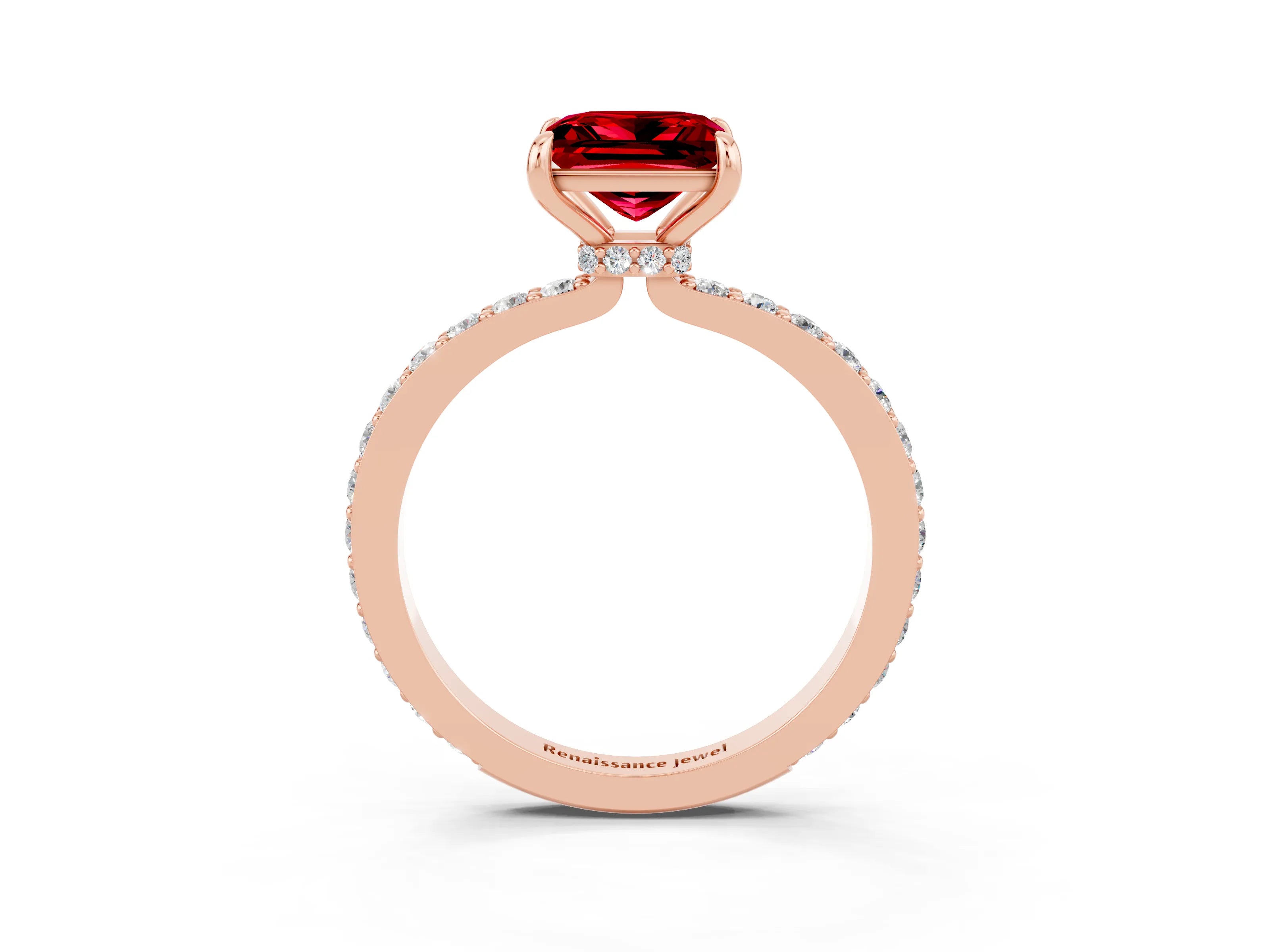 Rose gold Princess Cut Ruby Ring with Pavé Band and Four-Prong Setting_3