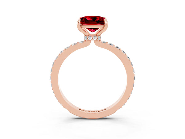 Rose gold Princess Cut Ruby Pavé Engagement Ring with Round  Accents and Prong Setting