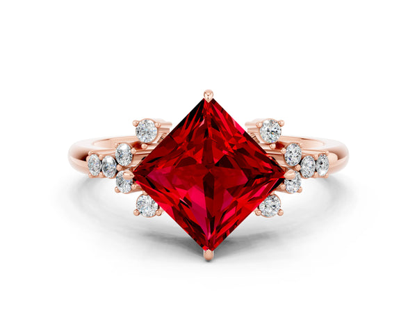 Rose gold Princess Cut Ruby Ring with Side Stones and Four-Prong Setting