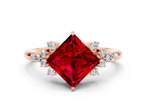 Rose gold Princess Cut Ruby Ring with Side Stones and Four-Prong Setting_36
