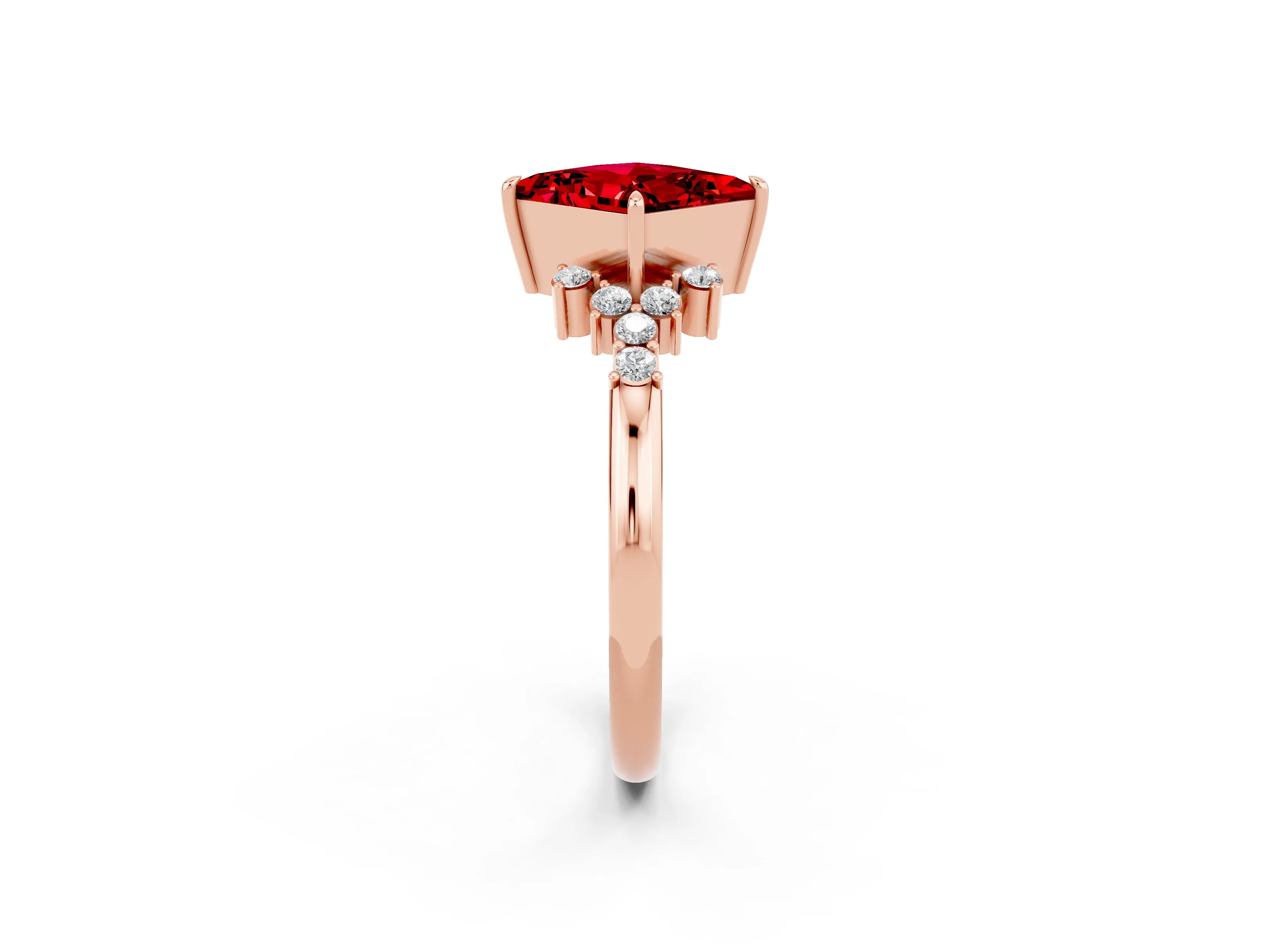 Rose gold Princess Cut Ruby Ring with Side Stones and Four-Prong Setting_38