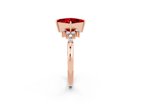 Rose gold Princess Cut Ruby Ring with Side Stones and Four-Prong Setting