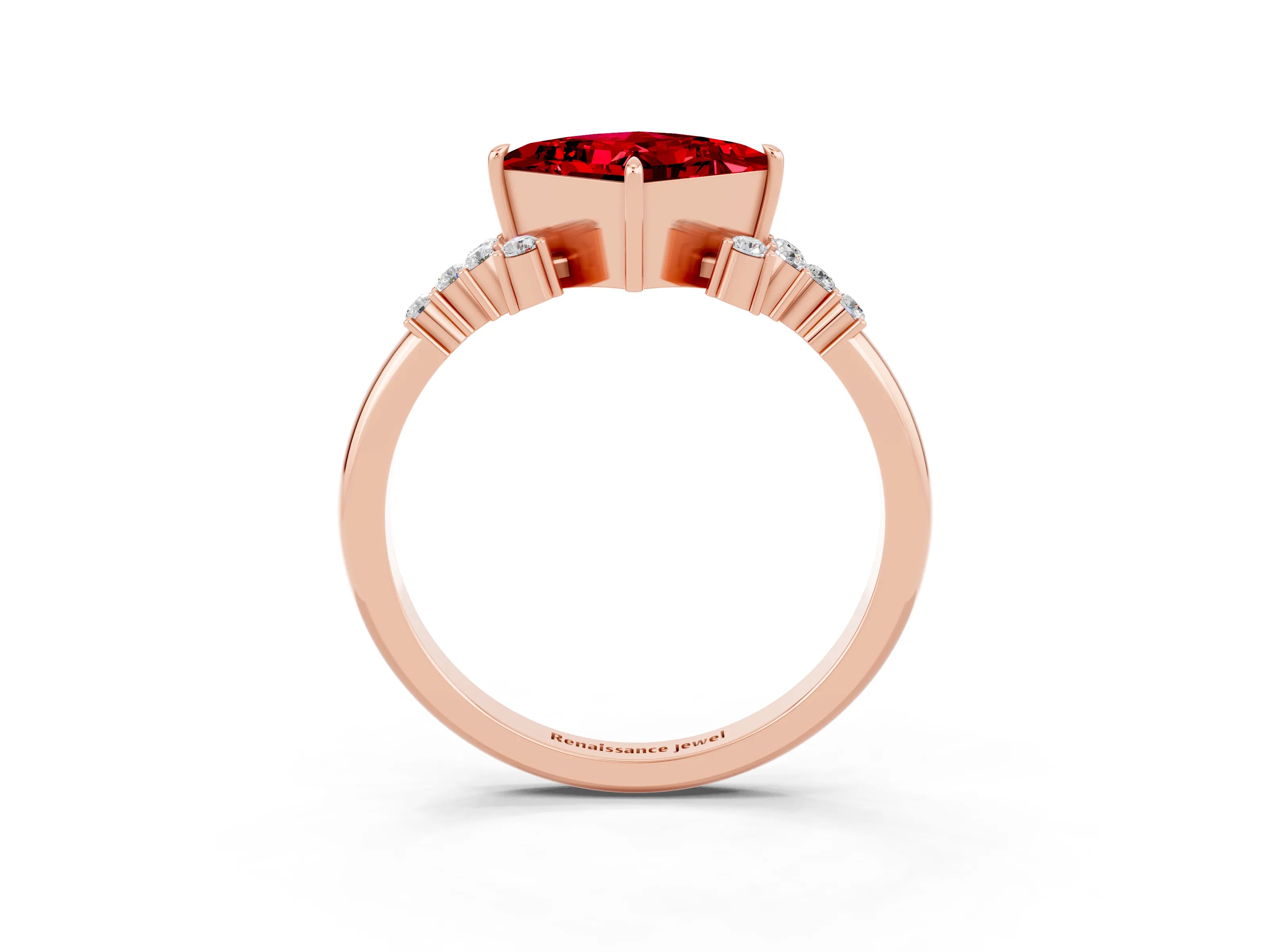 Rose gold Princess Cut Ruby Ring with Side Stones and Four-Prong Setting_39