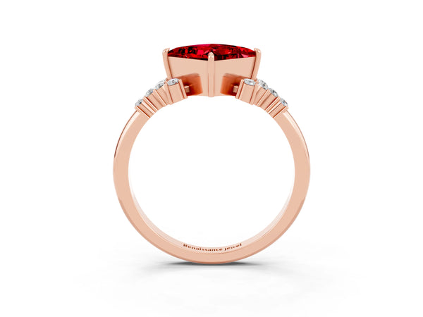 Rose gold Princess Cut Ruby Ring with Side Stones and Four-Prong Setting