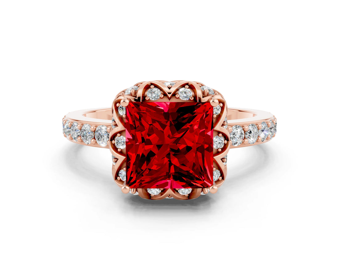 Rose gold Princess Cut Ruby Scalloped Halo Engagement Ring with Round Shared Prong Band_12