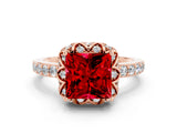 Rose gold Princess Cut Ruby Scalloped Halo Engagement Ring with Round Shared Prong Band_12