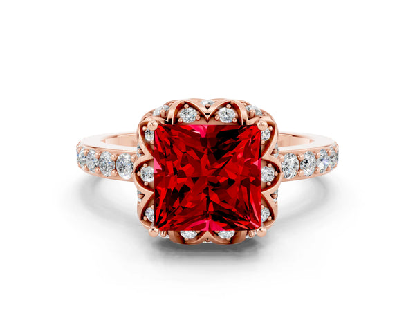 Rose gold Princess Cut Ruby Scalloped Halo Engagement Ring with Round Shared Prong Band