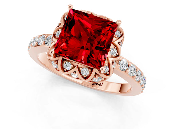 Rose gold Princess Cut Ruby Scalloped Halo Engagement Ring with Round Shared Prong Band