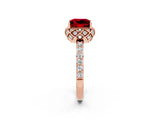 Rose gold Princess Cut Ruby Scalloped Halo Engagement Ring with Round Shared Prong Band_14
