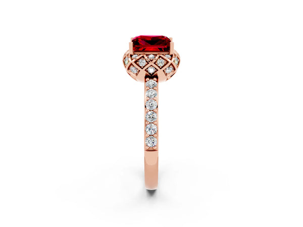 Rose gold Princess Cut Ruby Scalloped Halo Engagement Ring with Round Shared Prong Band