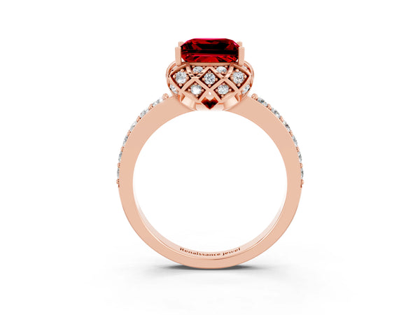 Rose gold Princess Cut Ruby Scalloped Halo Engagement Ring with Round Shared Prong Band
