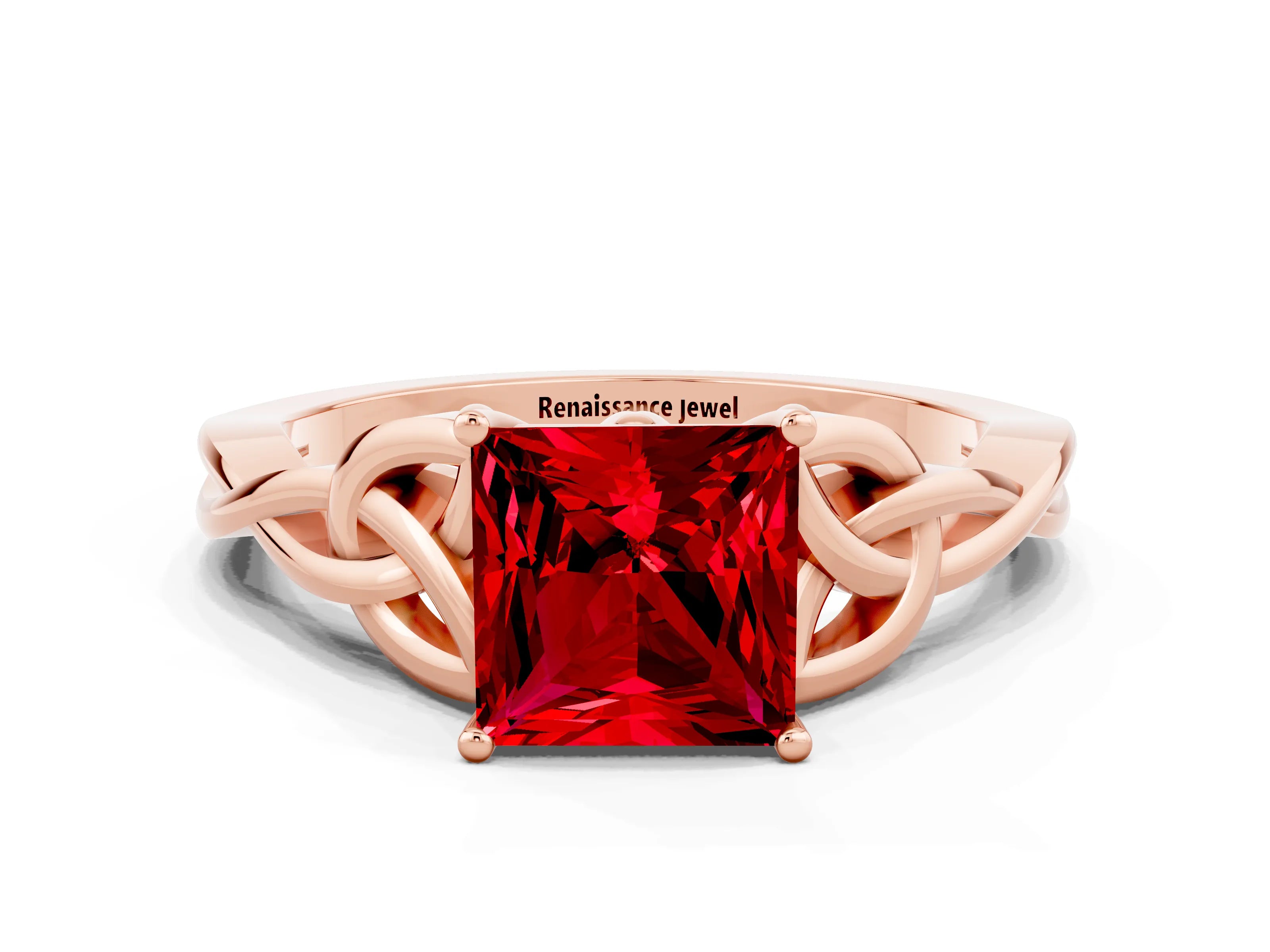 Rose gold Princess Cut Ruby Solitaire Celtic Knot Ring with Four-Prong Setting_12