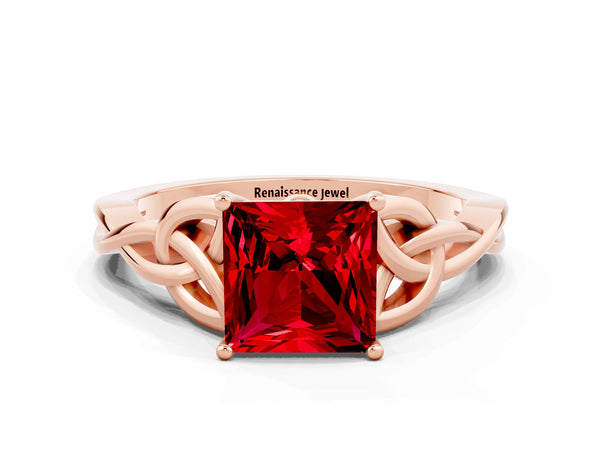 Rose gold Princess Cut Ruby Solitaire Celtic Knot Ring with Four-Prong Setting