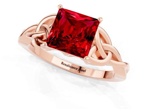 Rose gold Princess Cut Ruby Solitaire Celtic Knot Ring with Four-Prong Setting_13