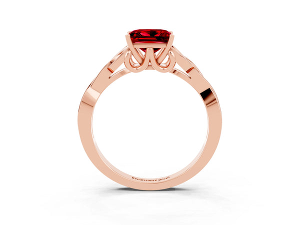 Rose gold Princess Cut Ruby Solitaire Celtic Knot Ring with Four-Prong Setting