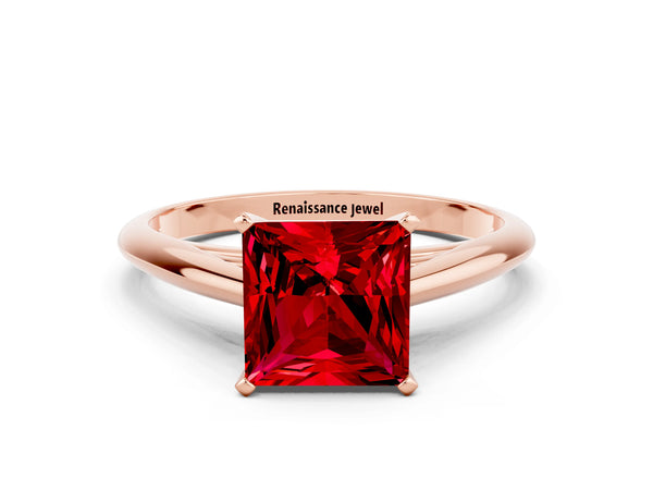Rose gold Princess Cut Ruby Solitaire Engagement Ring with Cathedral Setting and Four-Prong Mount