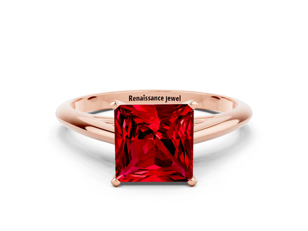 Rose gold Princess Cut Ruby Solitaire Engagement Ring with Cathedral Setting and Four-Prong Mount