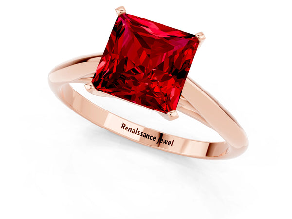 Rose gold Princess Cut Ruby Solitaire Engagement Ring with Cathedral Setting and Four-Prong Mount