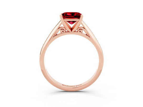 Rose gold Princess Cut Ruby Solitaire Engagement Ring with Cathedral Setting and Four-Prong Mount