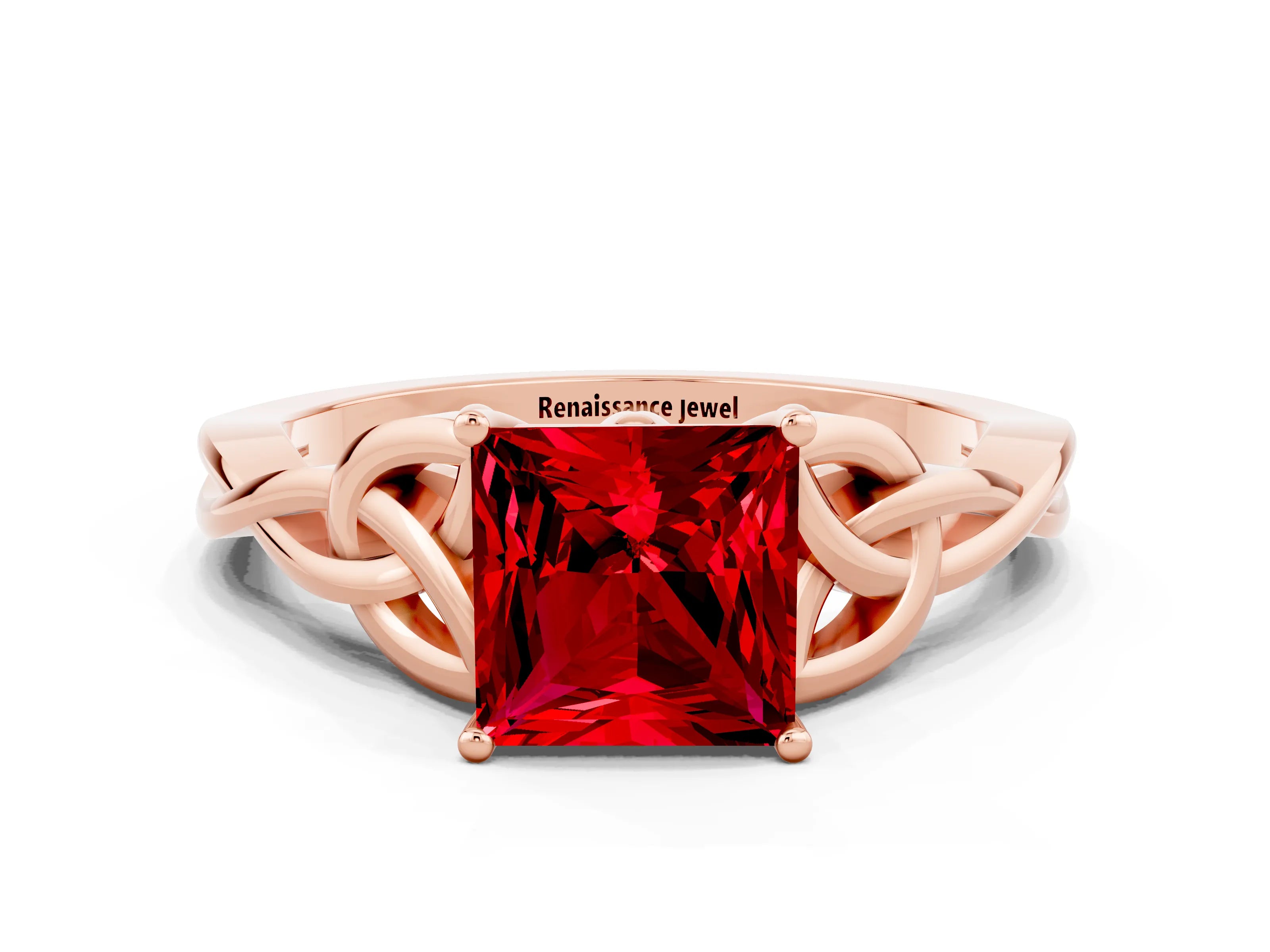 Rose gold Princess Cut Ruby Solitaire Engagement Ring with Celtic Knot Band and Four-Prong Setting