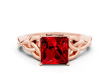 Rose gold Princess Cut Ruby Solitaire Engagement Ring with Celtic Knot Band and Four-Prong Setting