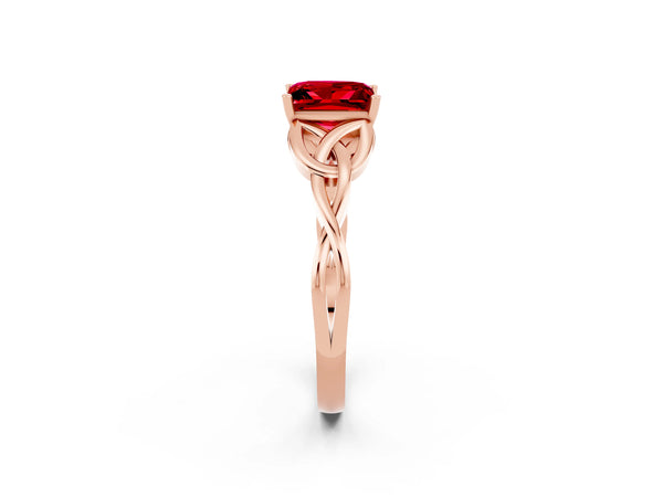 Rose gold Princess Cut Ruby Solitaire Engagement Ring with Celtic Knot Band and Four-Prong Setting